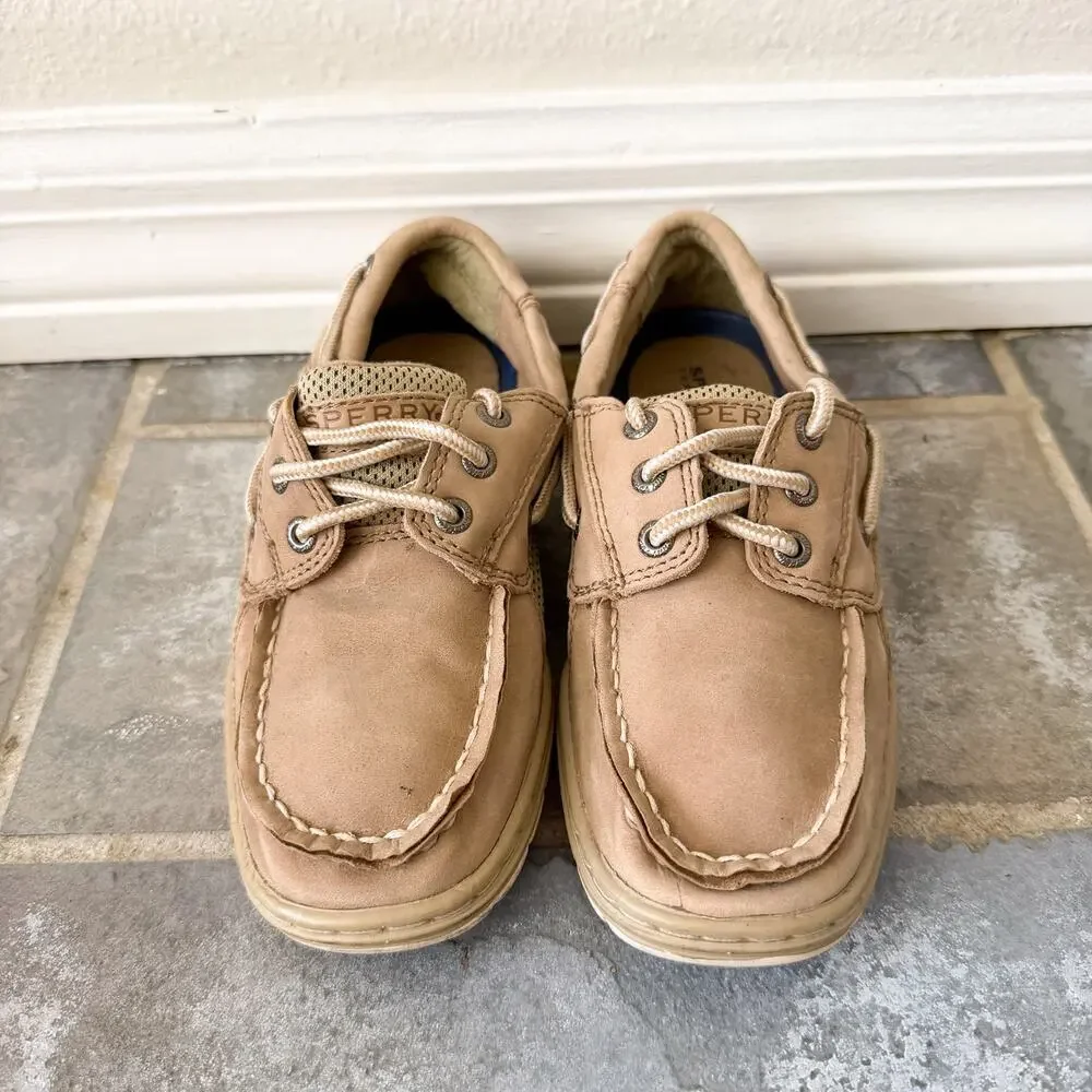 Sperry Billfish Boat Shoes Boys Size 1 Tan Leather Lace Up Slip On